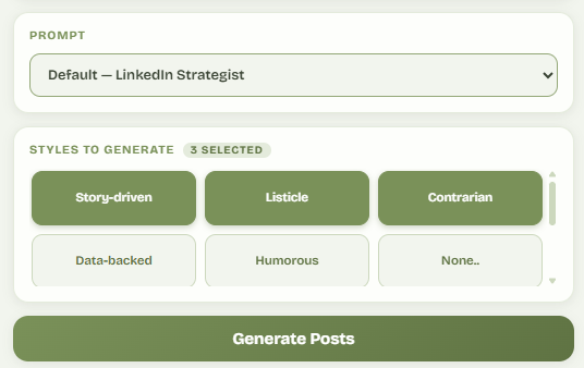 Prompt dropdown and style tile grid in Social Post Forge