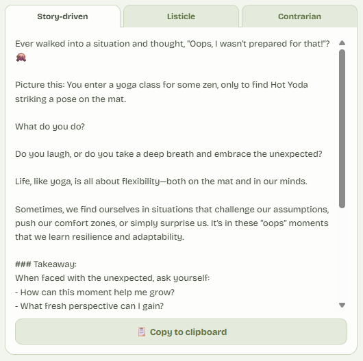 Generated post results shown in tabs with copy button