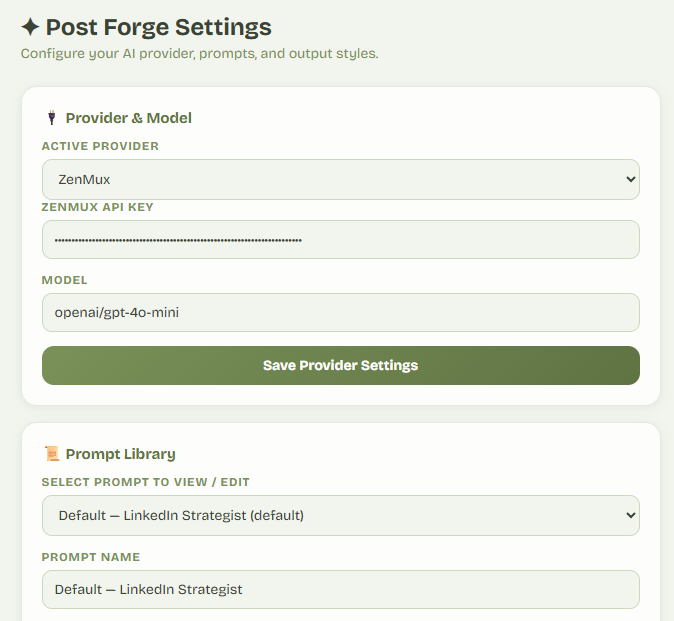 Settings page showing prompt library editor
